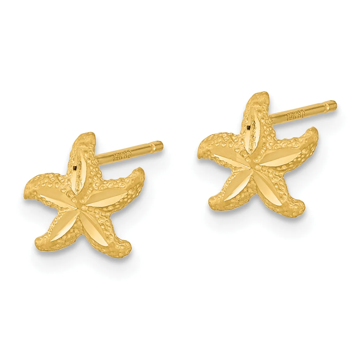 A pair of gold starfish stud earrings with textured surfaces and posts, shown from the front and at a slight angle.