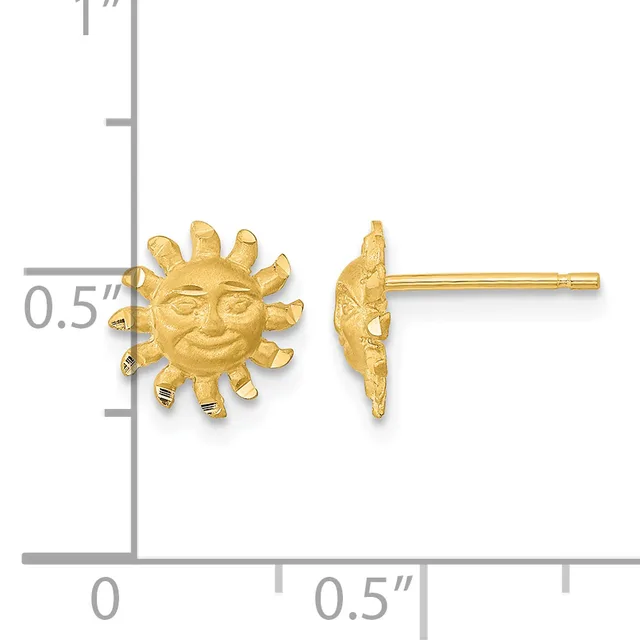 Gold sun face stud earrings shown front and back view with measurement scale indicating approximately 0.5 inches in diameter.