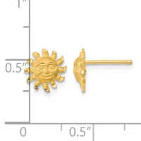 Gold sun face stud earrings shown front and back view with measurement scale indicating approximately 0.5 inches in diameter.