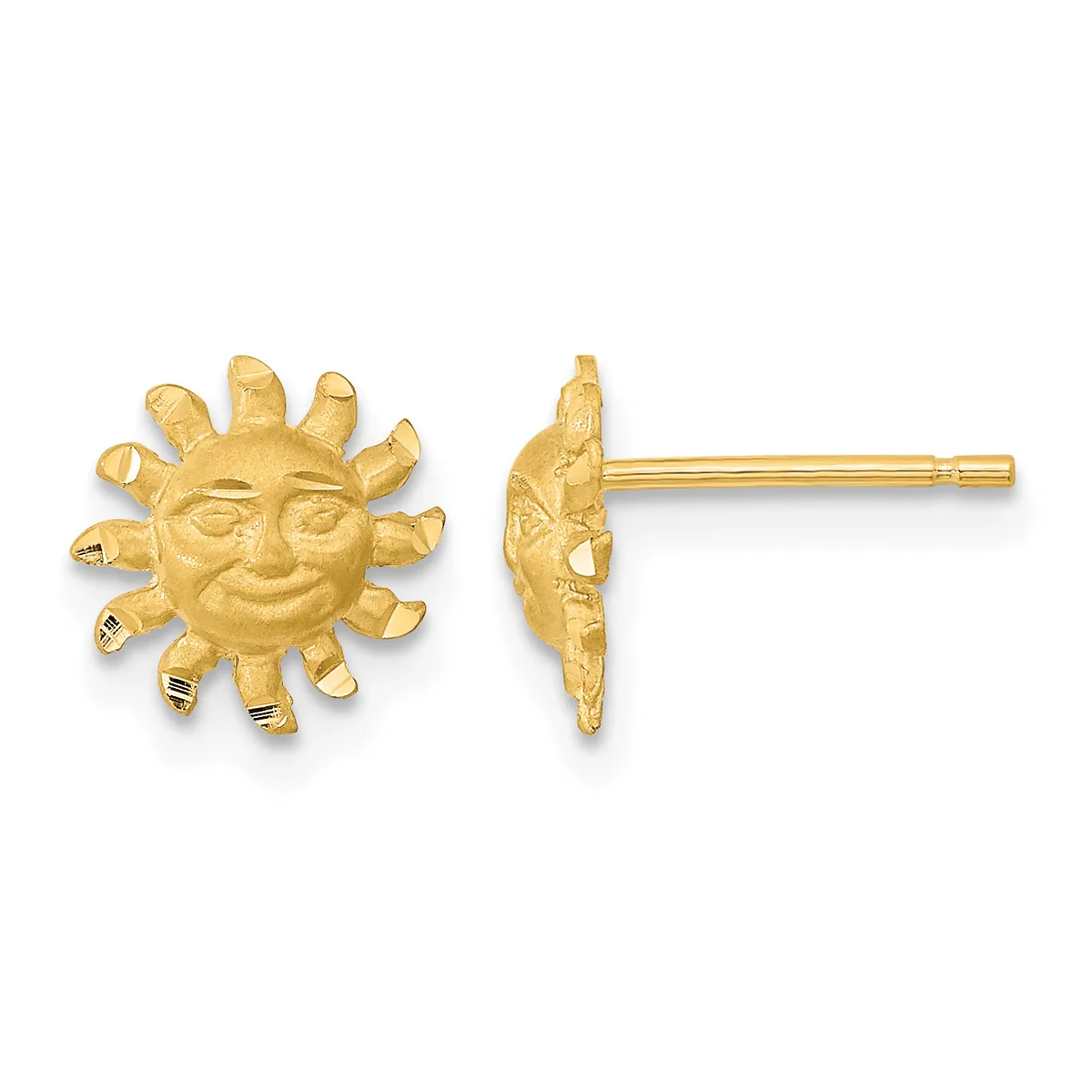 A pair of gold sun face stud earrings shown from front and side views, featuring detailed facial features and radiating rays, with posts and backs attached.