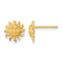 A pair of gold sun face stud earrings shown from front and side views, featuring detailed facial features and radiating rays, with posts and backs attached.