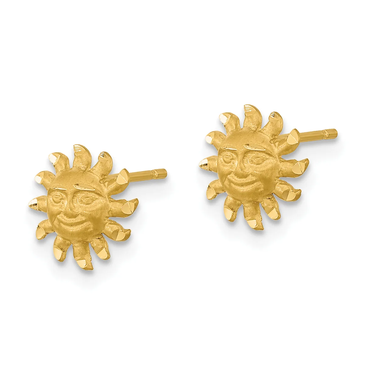 A pair of gold sun face stud earrings with detailed facial features and radiating rays, shown from the front against a white background.