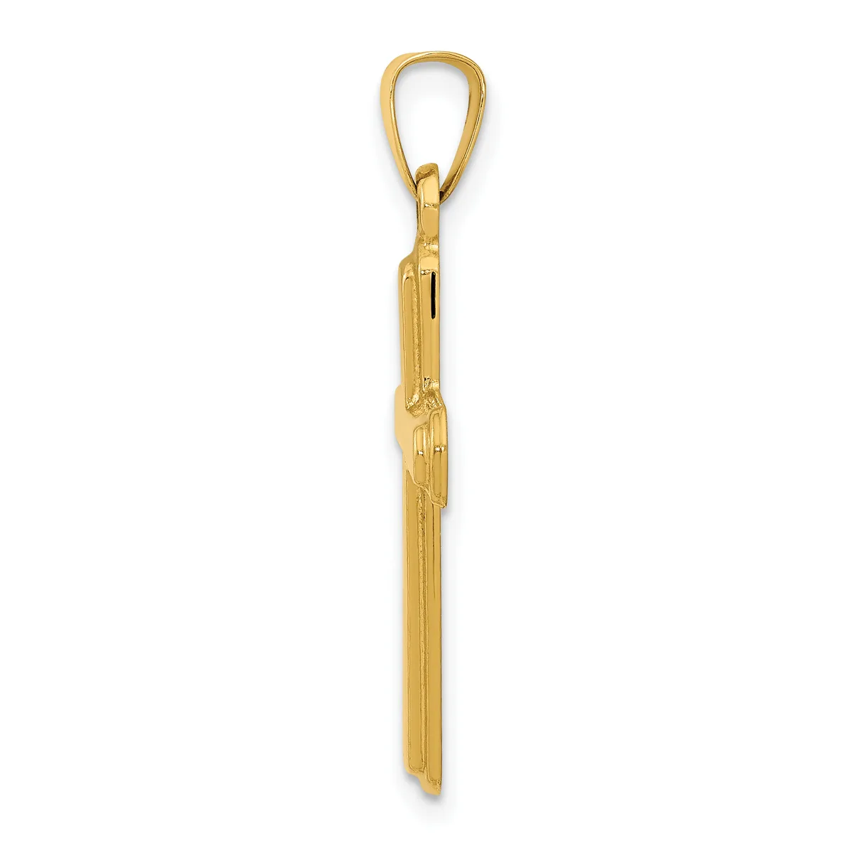 A gold tassel pendant with a loop attachment at the top and vertical ribbed strands hanging down, displayed against a white background.