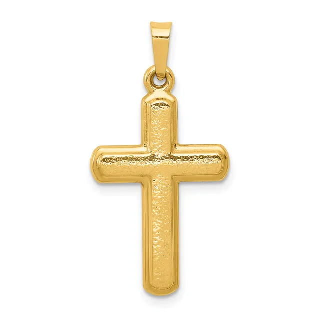 Gold cross pendant with textured surface and rounded edges, suspended from a bail loop against a white background.