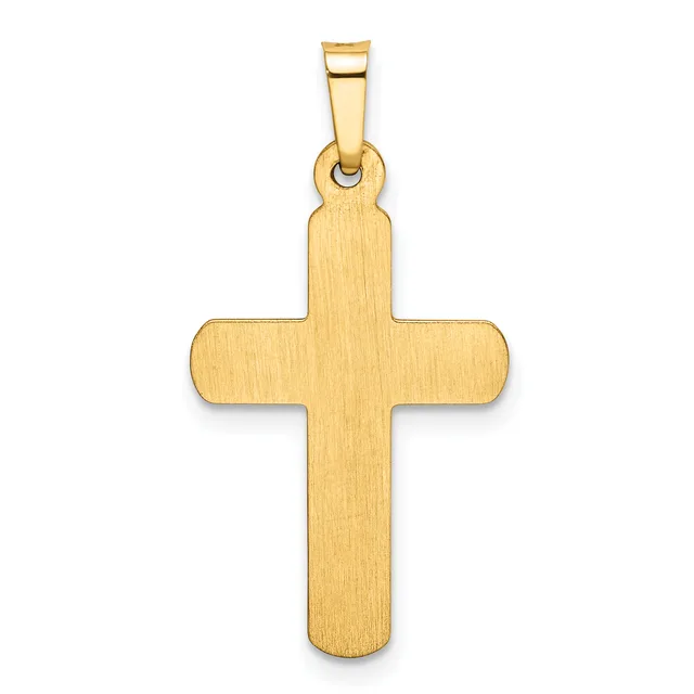 A polished gold cross pendant with rounded edges and a brushed finish, suspended from a gold bail against a white background.