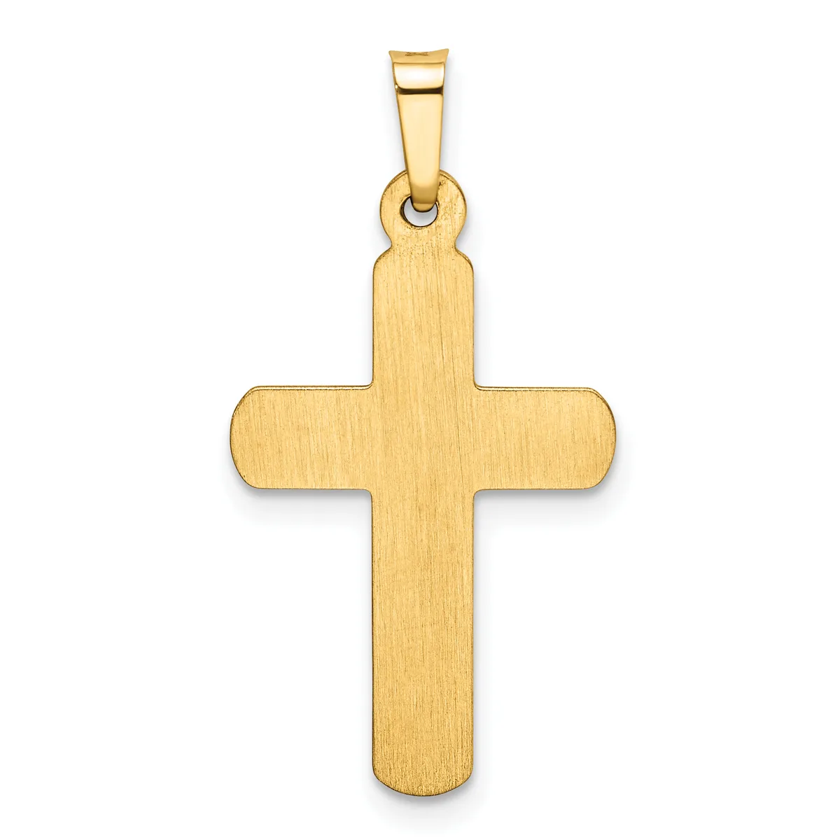 A polished gold cross pendant with rounded edges and a brushed finish, suspended from a gold bail against a white background.