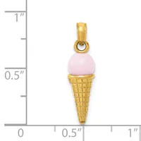 A gold ice cream cone pendant with a textured cone base and pink round stone scoop, shown against a ruler measuring approximately one inch in height.