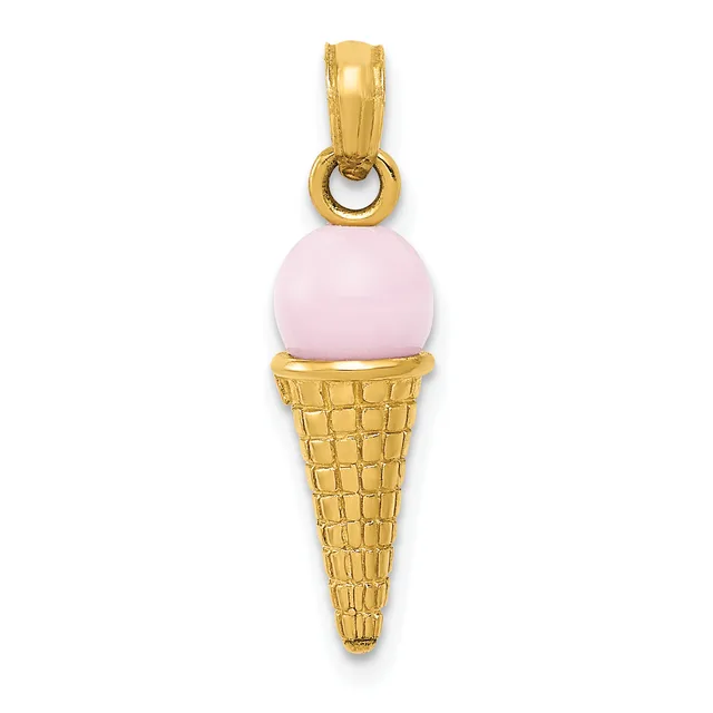 Gold ice cream cone pendant with pink enamel scoop on top and textured cone below, attached to a gold bail.