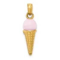 Gold ice cream cone pendant with pink enamel scoop on top and textured cone below, attached to a gold bail.