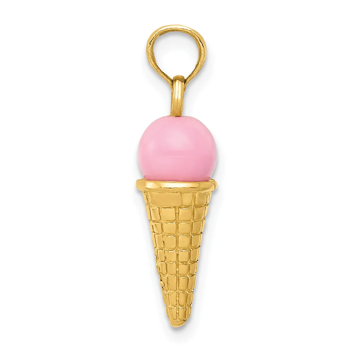 A gold-toned ice cream cone charm with a textured cone and a pink spherical scoop, suspended from a gold loop.