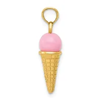 A gold-toned ice cream cone charm with a textured cone and a pink spherical scoop, suspended from a gold loop.