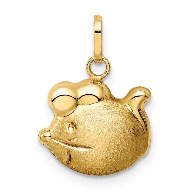 Gold-colored pendant charm shaped like a round fish with bulging eyes, textured body, and a small loop at the top for attaching to a chain.