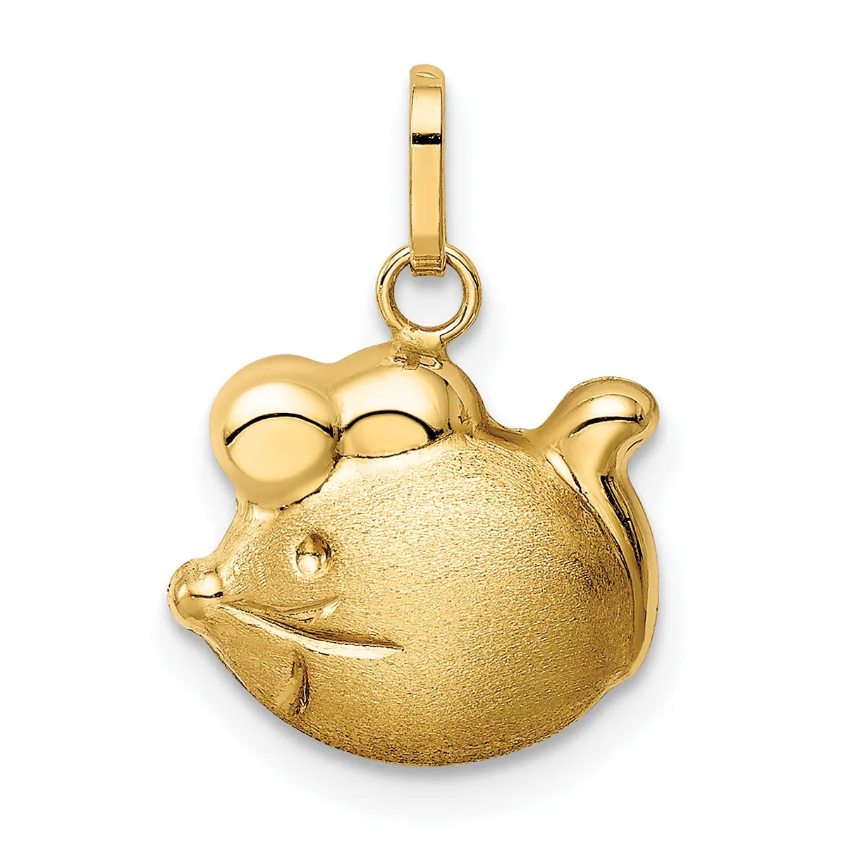 Gold-colored pendant charm shaped like a round fish with bulging eyes, textured body, and a small loop at the top for attaching to a chain.