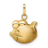 Gold-colored pendant charm shaped like a round fish with bulging eyes, textured body, and a small loop at the top for attaching to a chain.
