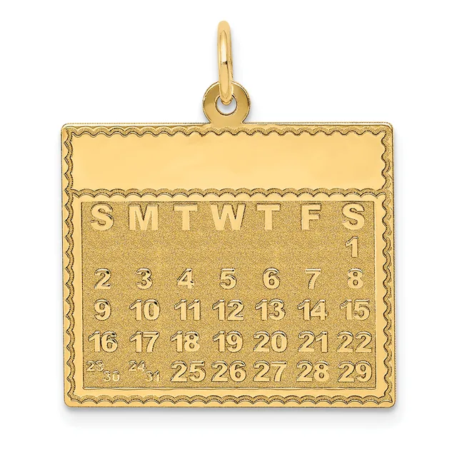 Gold calendar pendant with decorative scalloped border and loop, displaying days of the week abbreviations and numbered dates arranged in rows.