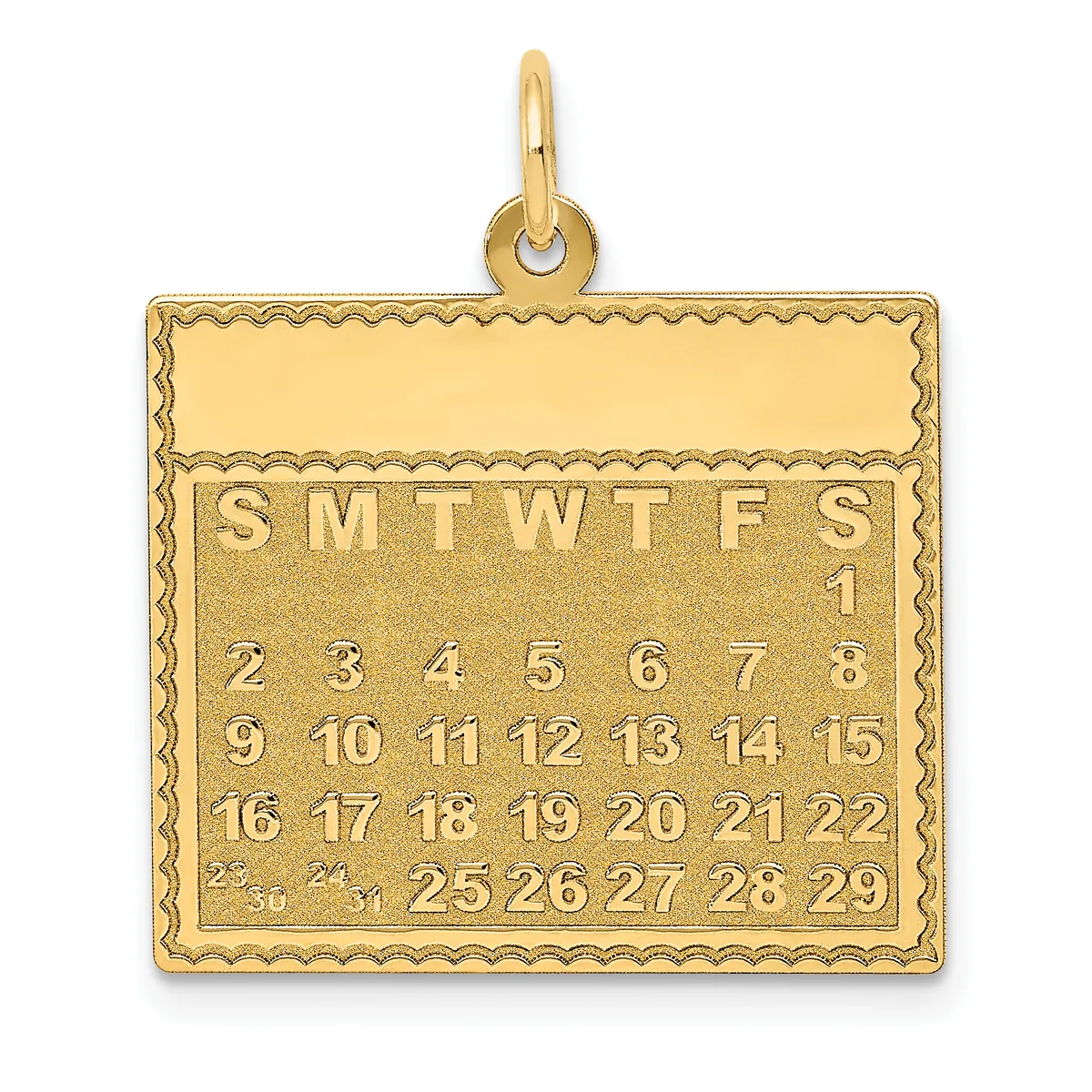 Gold calendar pendant with decorative scalloped border and loop, displaying days of the week abbreviations and numbered dates arranged in rows.