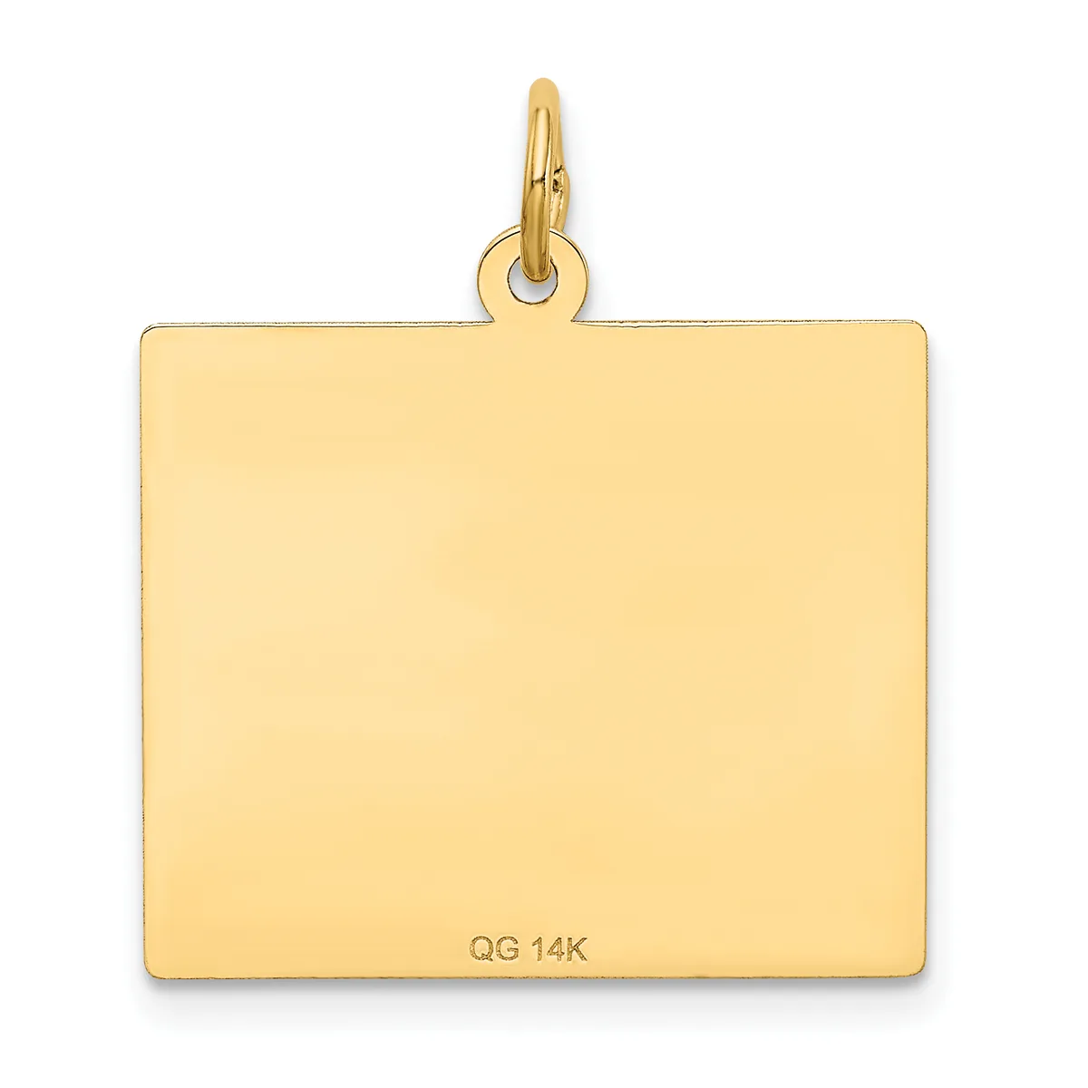 A polished gold rectangular pendant with a rounded loop bail at the top, shown against a white background.