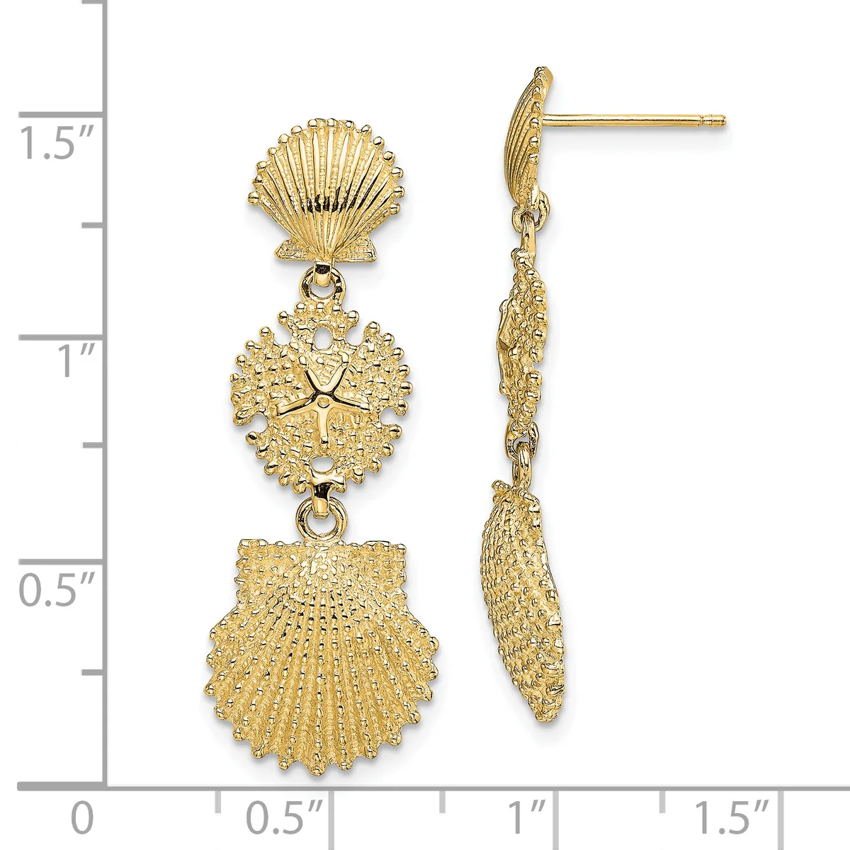 Gold seashell dangle earrings with three graduated shell-shaped components connected by decorative links, displayed against a ruler showing approximately 1.5 inches in length.