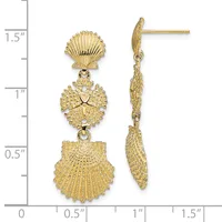 Gold seashell dangle earrings with three graduated shell-shaped components connected by decorative links, displayed against a ruler showing approximately 1.5 inches in length.