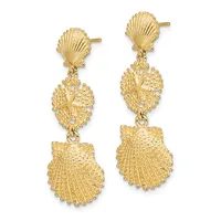 Pair of gold seashell-shaped dangle earrings with textured finishes, featuring stud posts at the top and two shell charms suspended below each post.