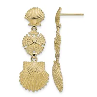 Gold seashell dangle earrings with three textured shell-shaped elements connected by decorative links, shown from front and side views.