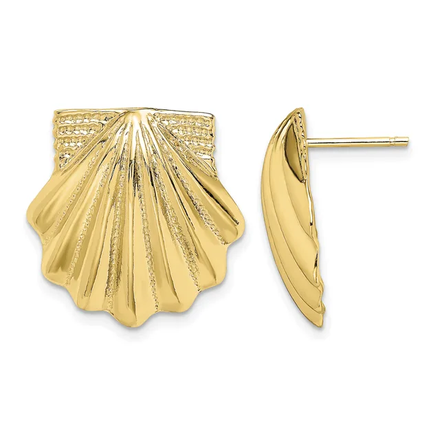Pair of gold shell-shaped stud earrings shown from front and side views, featuring radial ridged detailing and a polished finish.