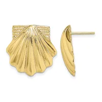 Pair of gold shell-shaped stud earrings shown from front and side views, featuring radial ridged detailing and a polished finish.