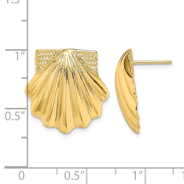 Gold shell-shaped stud earrings shown from front and side views on a measurement scale, approximately one inch tall with a textured finish.