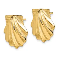 A pair of gold shell-shaped stud earrings with radiating ridges and a textured finish, shown from the front.