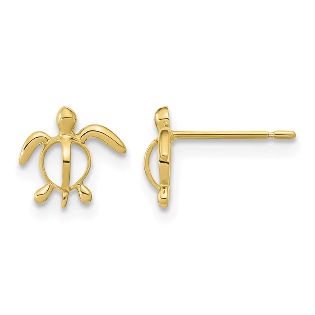 A pair of gold sea turtle stud earrings shown from front and side views, featuring openwork designs with posts and backs.