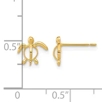 Gold-colored turtle-shaped stud earrings shown from front and side views with a measurement scale indicating approximately 0.5 inches in size.
