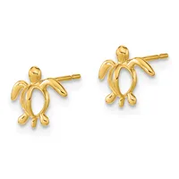 Pair of gold turtle-shaped stud earrings with hollow bodies and post backs, shown from the front.
