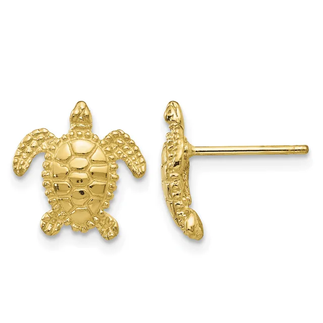 Gold-colored sea turtle stud earrings shown from front and side views, featuring detailed shell texture and four legs, with post and clutch backs.