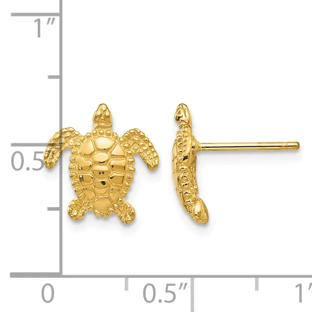 Gold turtle stud earrings shown from front and side views with a measurement scale indicating approximately half an inch in height.