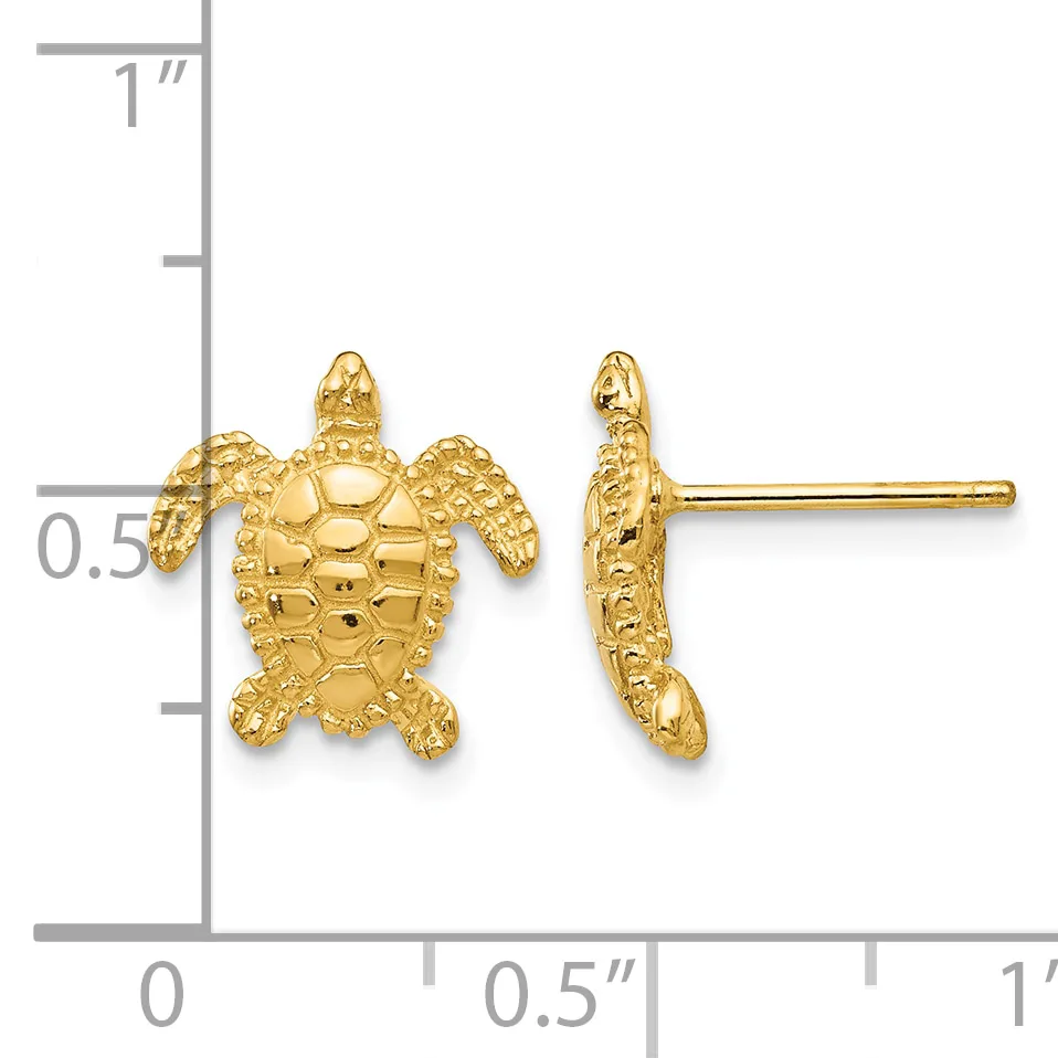Gold turtle stud earrings shown from front and side views with a measurement scale indicating approximately half an inch in height.