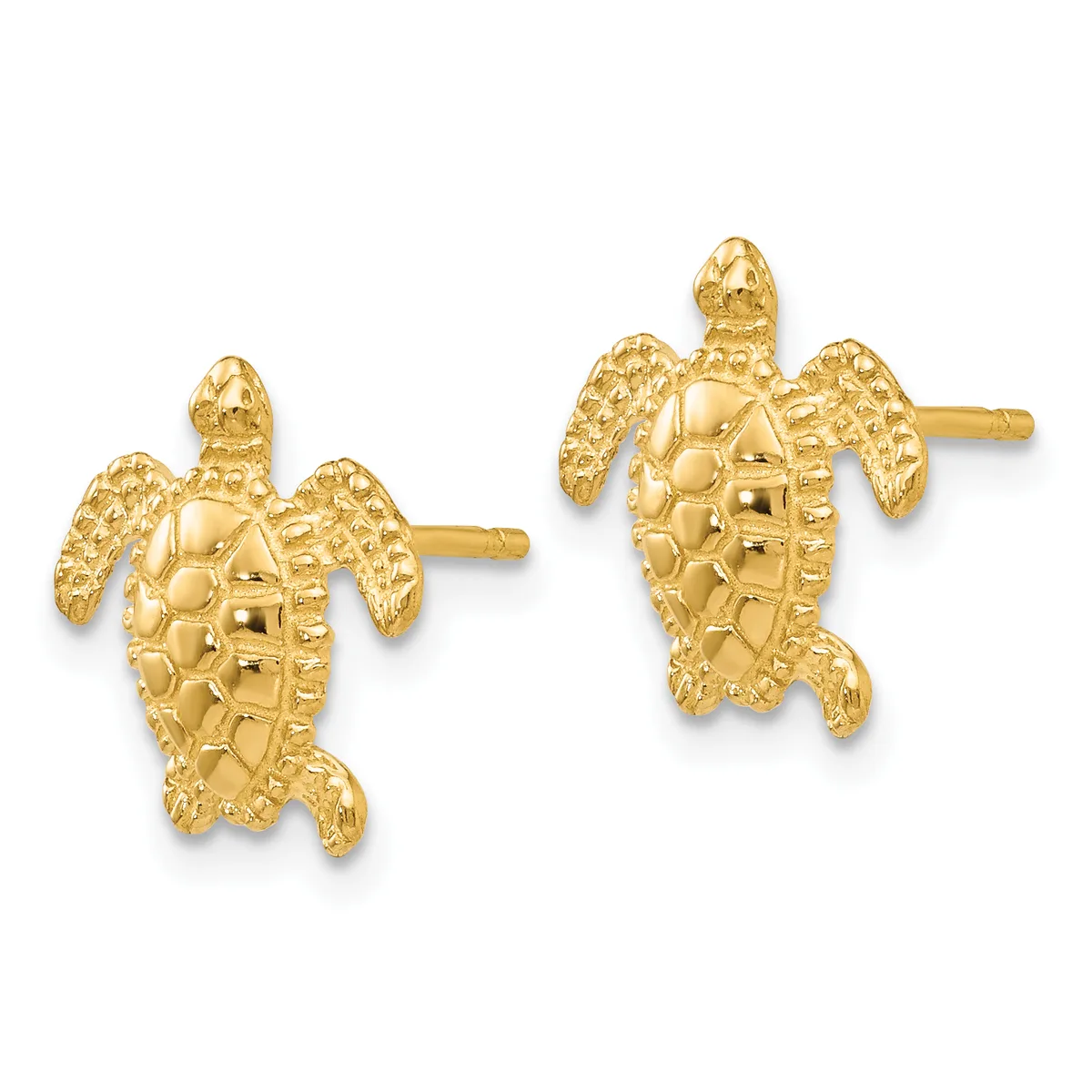 A pair of gold sea turtle stud earrings with textured shells and fins, shown from the front against a white background.