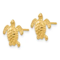 A pair of gold sea turtle stud earrings with textured shells and fins, shown from the front against a white background.