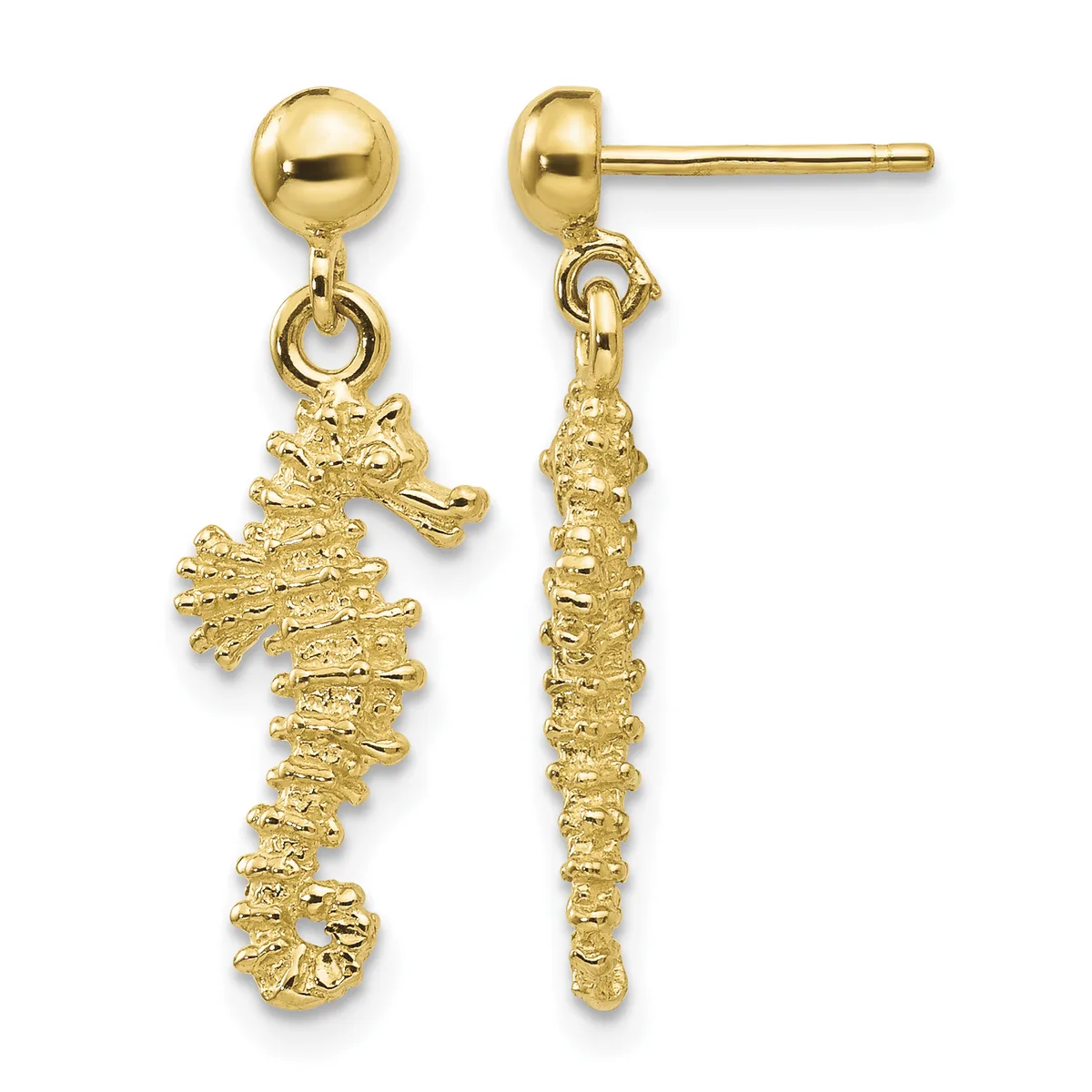 Gold-toned drop earrings with ball studs featuring textured seahorse charms suspended from small loops, shown from front and side views.