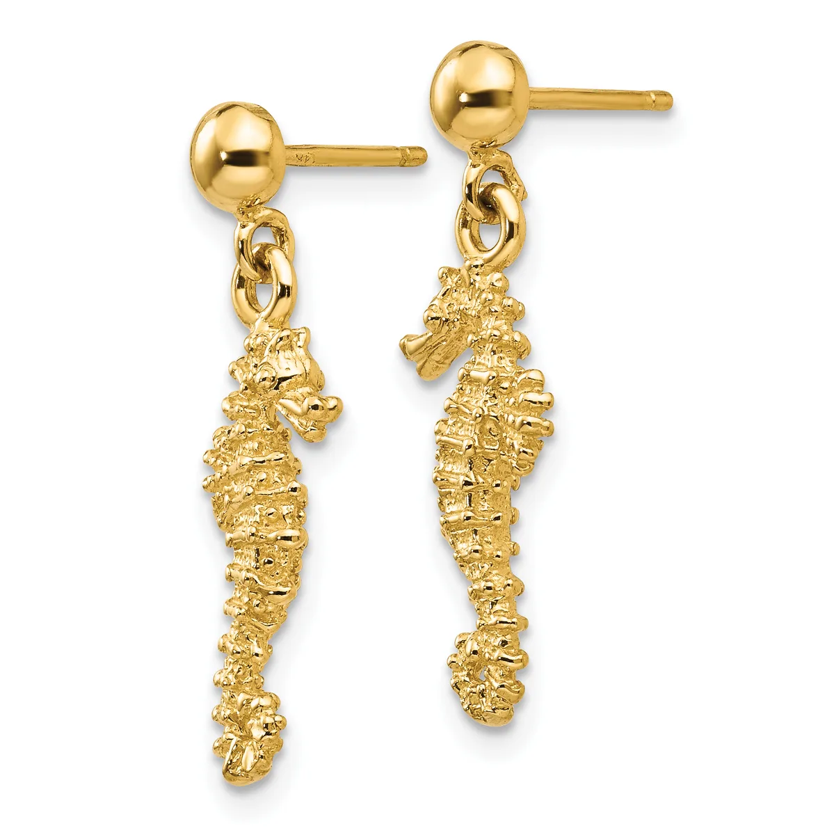 Pair of gold-colored dangle earrings with polished ball studs and textured cone-shaped pendants hanging from small loop connectors.