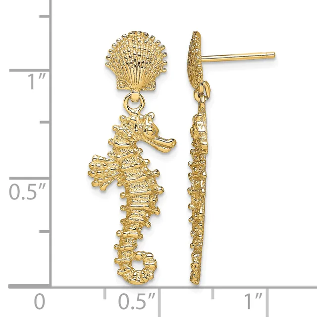 Gold seashell and seahorse dangle earrings with posts, displayed against a measurement scale showing approximately one inch in length.