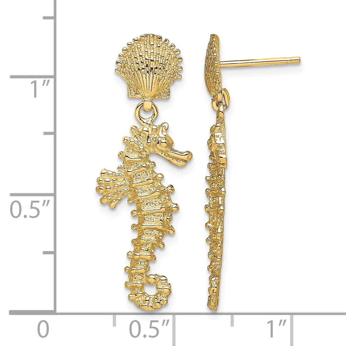 Gold seashell and seahorse dangle earrings with posts, displayed against a measurement scale showing approximately one inch in length.