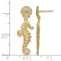 Gold seashell and seahorse dangle earrings with posts, displayed against a measurement scale showing approximately one inch in length.