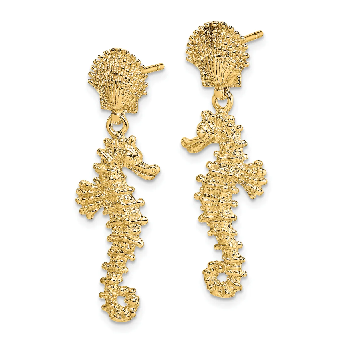 Pair of gold-colored dangle earrings featuring textured shell-shaped studs with matching textured seahorse charms suspended below.