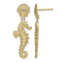 Pair of gold seahorse earrings with a scallop shell stud top and dangling seahorse charm shown from front and back views.