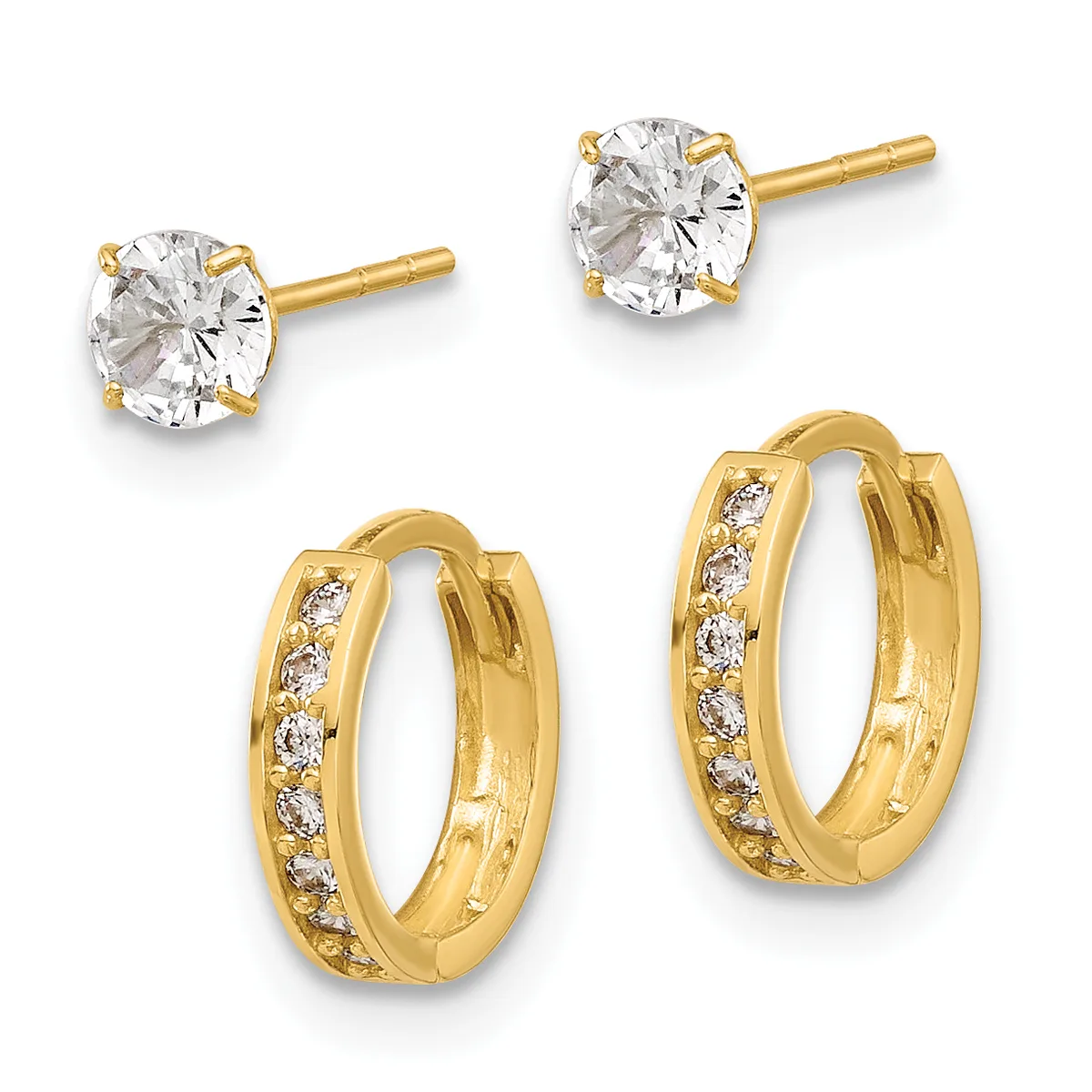Two pairs of gold earrings: stud earrings with round clear gemstones and yellow gold posts, and hinged hoop earrings with channel-set small round clear gemstones along the front.