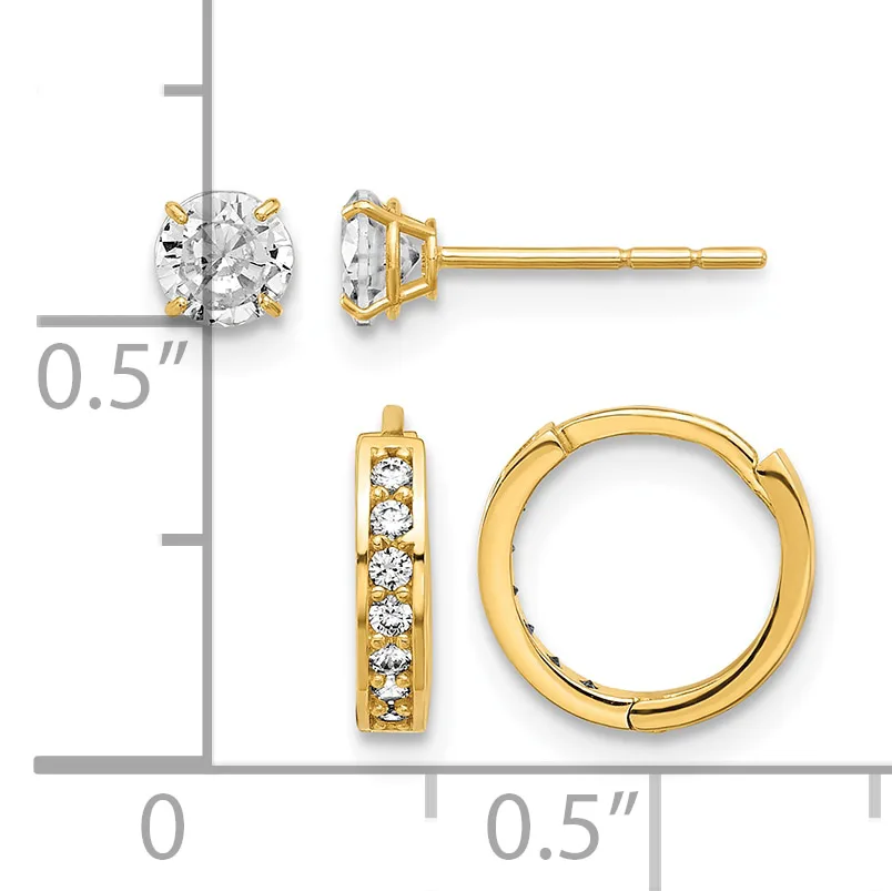Two pairs of gold earrings displayed on a measurement scale: stud earrings with round clear stones and a hinged hoop pair with channel-set clear stones.