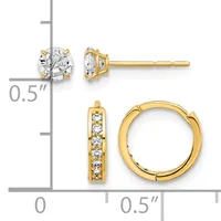 Two pairs of gold earrings displayed on a measurement scale: stud earrings with round clear stones and a hinged hoop pair with channel-set clear stones.