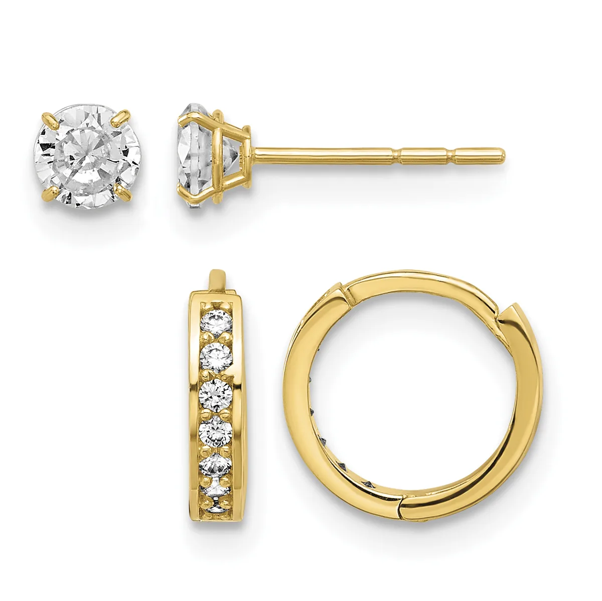Two pairs of gold earrings: round stud earrings with large clear stones in four-prong settings, and small hinged hoop earrings with channel-set clear stones along the front.