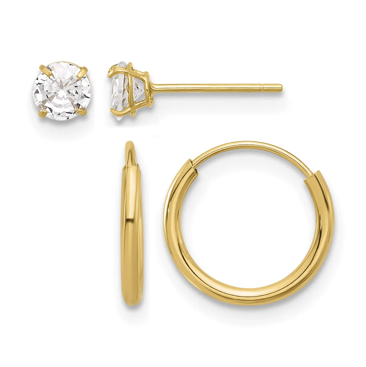 Pair of gold earrings consisting of round cubic zirconia studs and polished hoop earrings displayed against a white background.