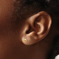 A small gold ball stud earring in a pierced earlobe, shown in close-up profile view against warm brown skin tones.